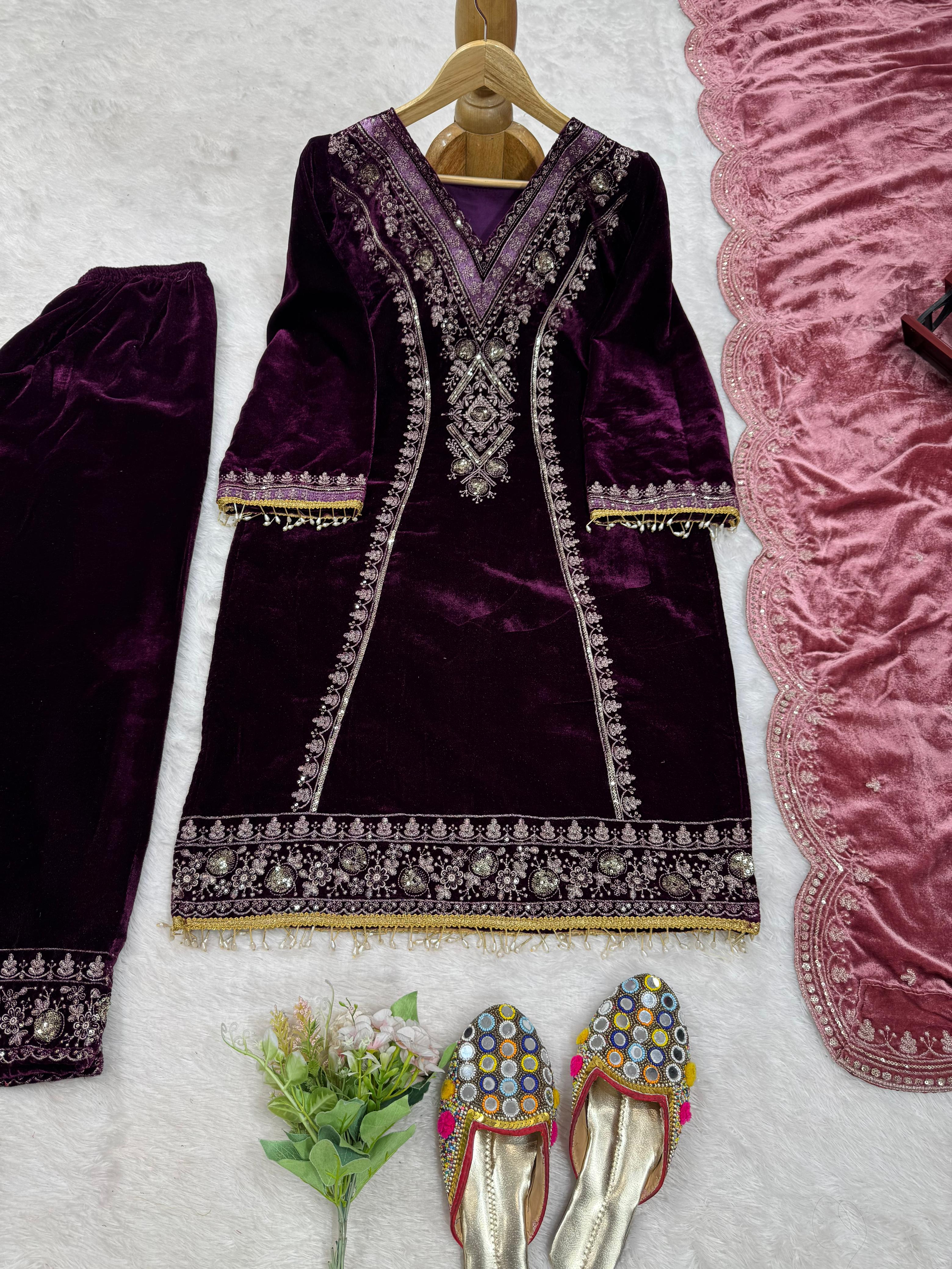 Beautiful Viscose Velvet Thread With Sequence Work Salwar Suit