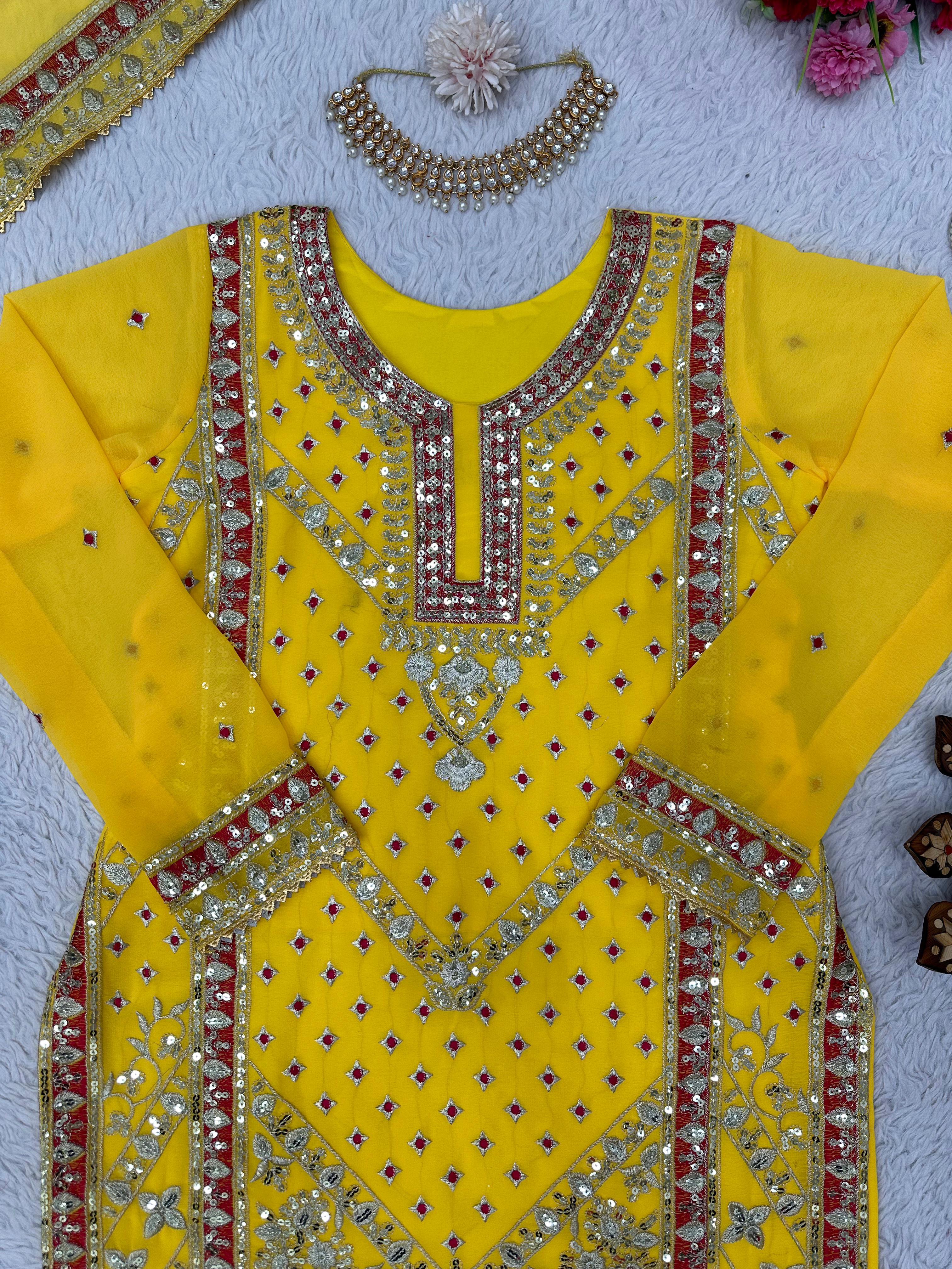 Shining Yellow Beautiful Designer Georgette Thread With Sequence Work Suit