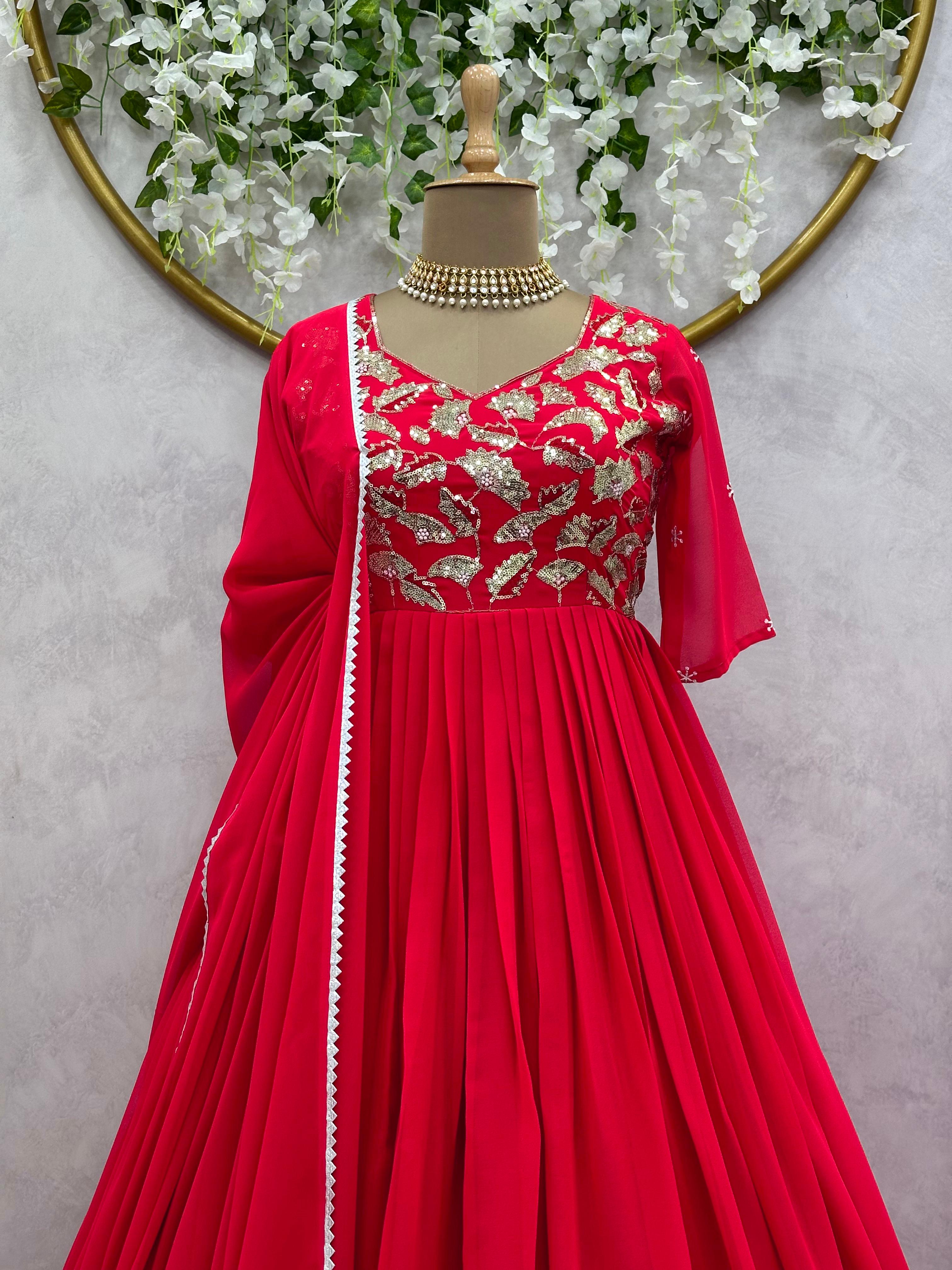 Stunning Red Georgette Thread With Sequence Work Gown