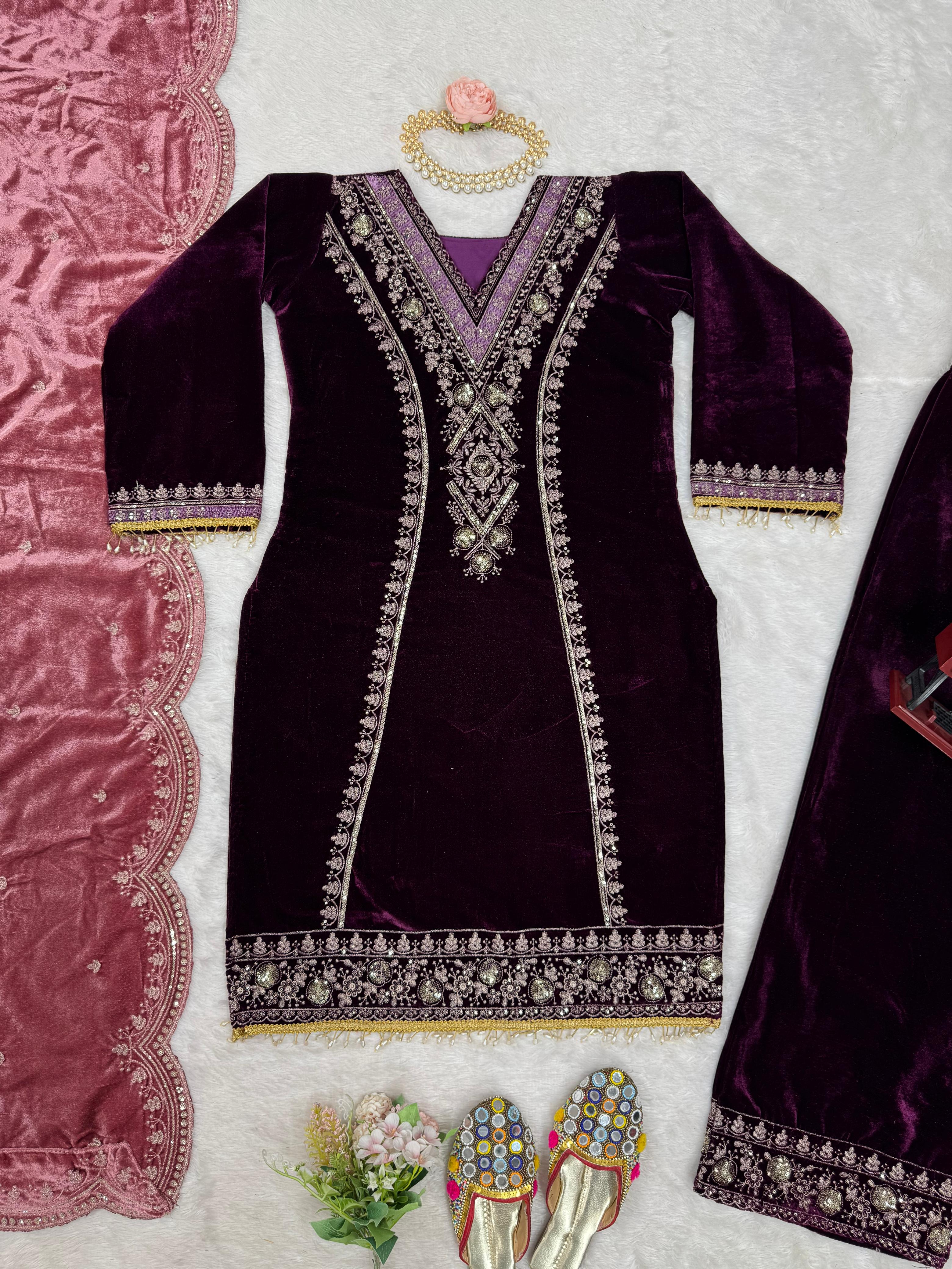 Beautiful Viscose Velvet Thread With Sequence Work Salwar Suit