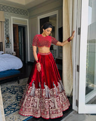 Brides Special Viscose Velvet Thread With Sequence Work Lehenga Choli